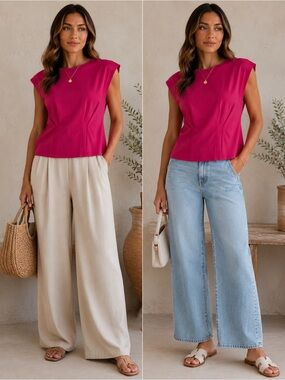 Zenana Pleated Shoulder Blouse – Pink